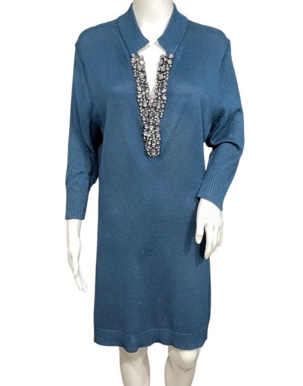 Magaschoni Women L Teal Blue Silk Cashmere Knit Embellished Tunic Sweater Dress